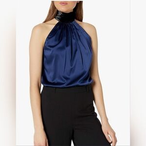 Ramy Brook Navy Satin Halter Blouse with Black Velvet Neck